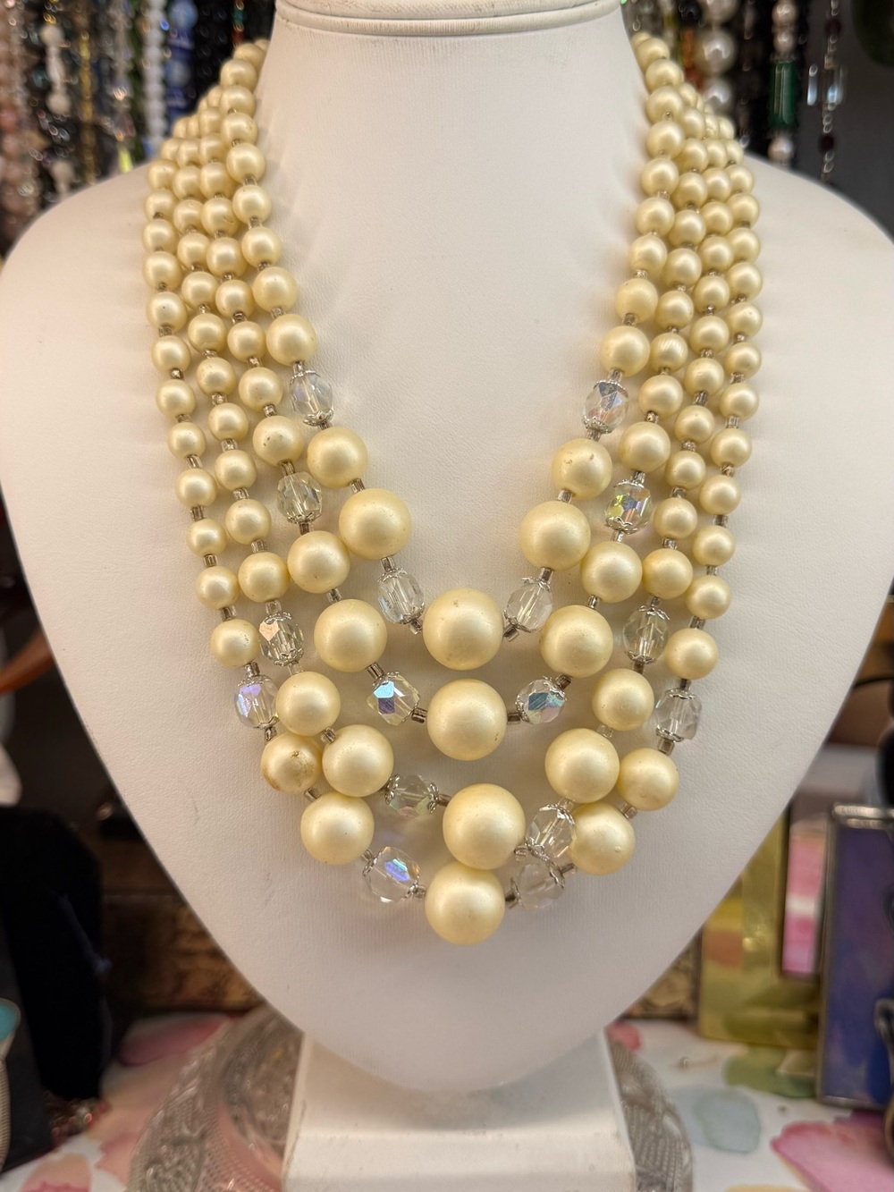Vintage Japan Elegant Cream Multi-Strand Pearl & Crystal AB Statement Necklace